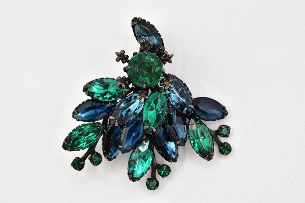 Vintage Blue Green Rhinestone Crystal Floral Spray Brooch Pin Marquise 50s BinBI